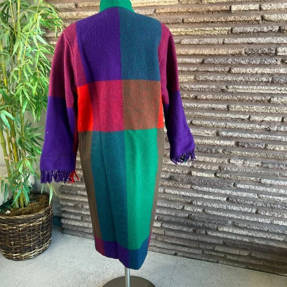 Vintage 80s Gallery Colorblock Melton Wool Blanket Coat With Fringe Size XS
